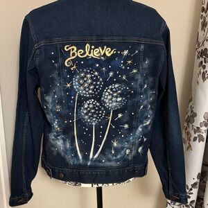 Embroidered Denim Jacket with Gold and White Design